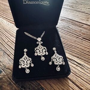 Diamonique Silver Drop Earrings with Vintage Scrollwork